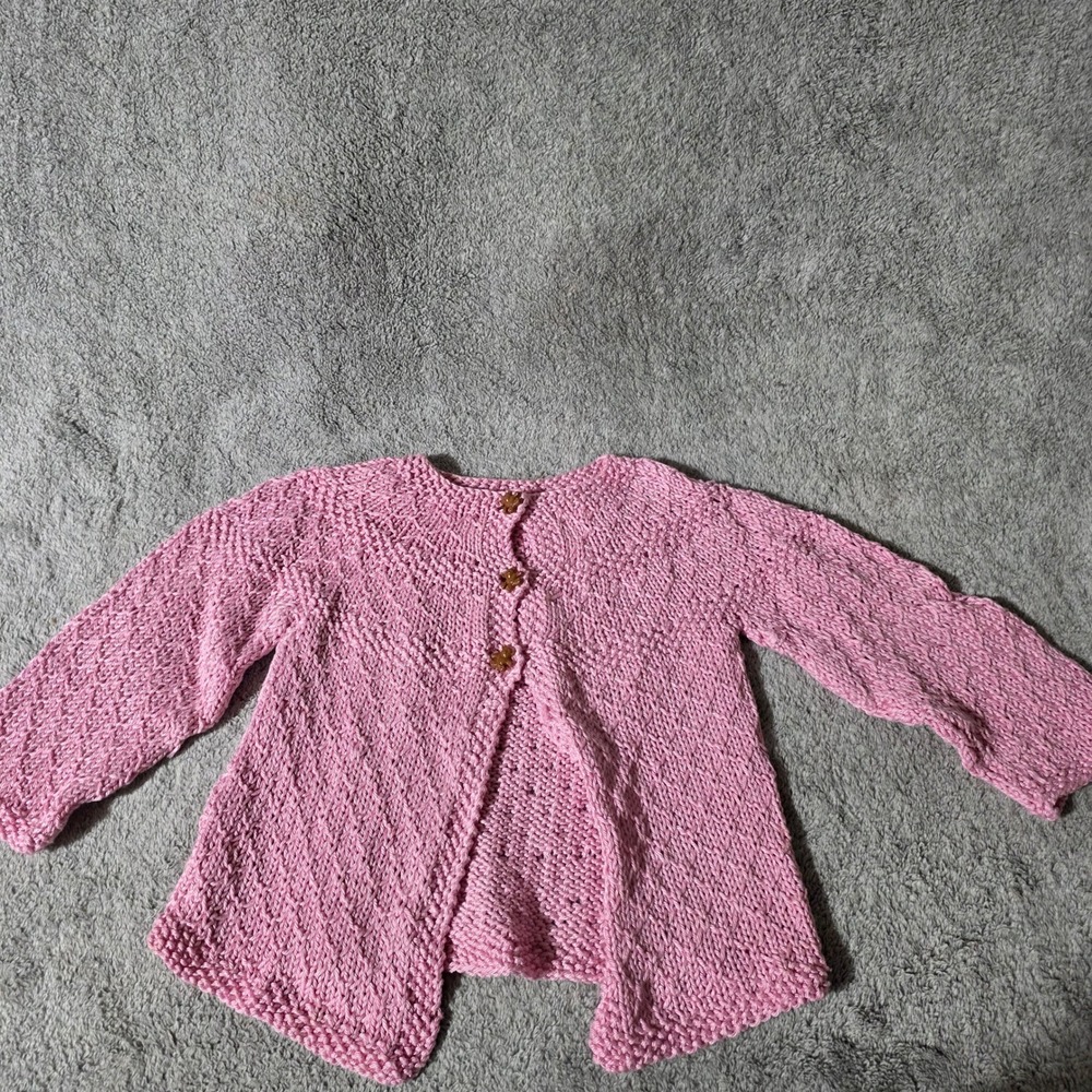 Handmade Pink Knit Baby Cardigan Sweater Teddy Bear Buttons Pink Infant Toddler